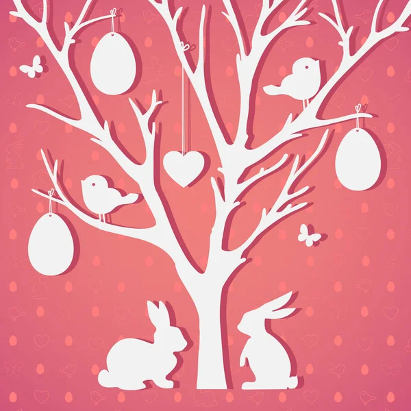 Пасхальное бумажное украшение в виде пасхального дерева с яйцами и кроликами. Идеально подходит для приглашений, плакатов и пасхальных открыток Стоковая Иллюстрация