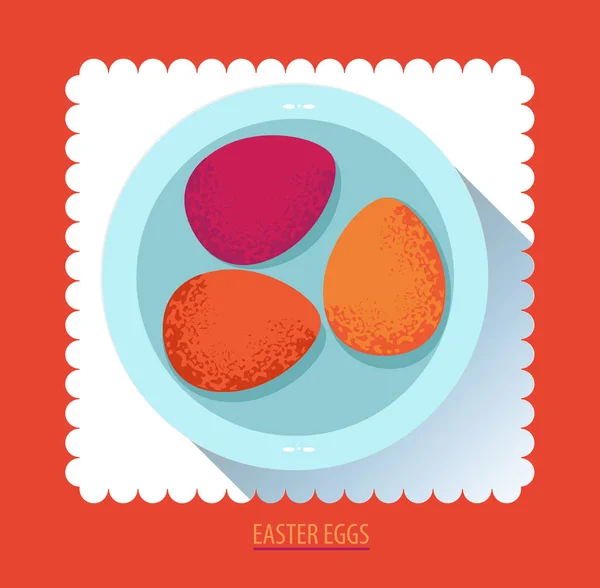 Пурпурные пасхальные яйца на тарелке. Плоская векторная иллюстрация — стоковый вектор