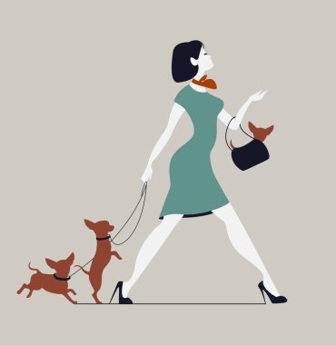 Genç kadın yürüyen köpekler. Köpeklerle Fashionista