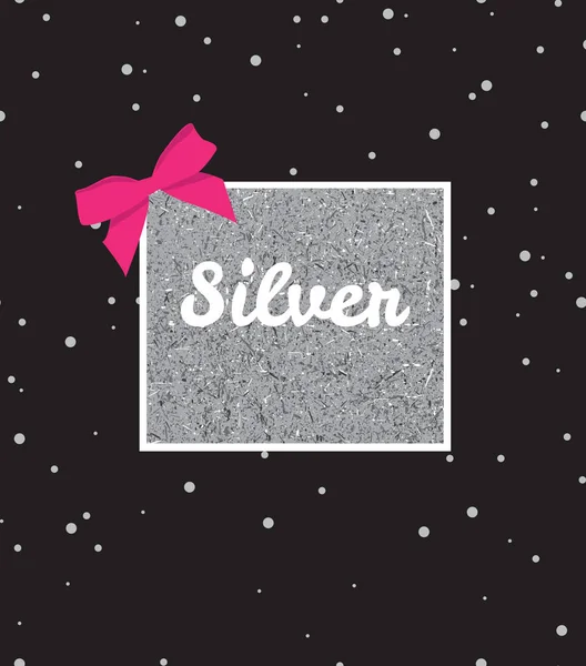 Zilveren achtergrond met pailletten en roze strik op zwarte achtergrond — Stockvector