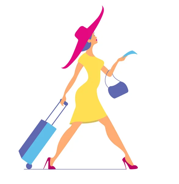 Frau mit Gepäck und Ticket. Zeit zum Reisen — Stockvektor