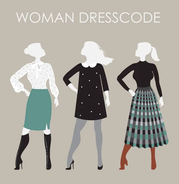 Mujer Dresscode vector ilustración. Mujeres en diferentes trajes Ilustraciones De Stock Sin Royalties Gratis