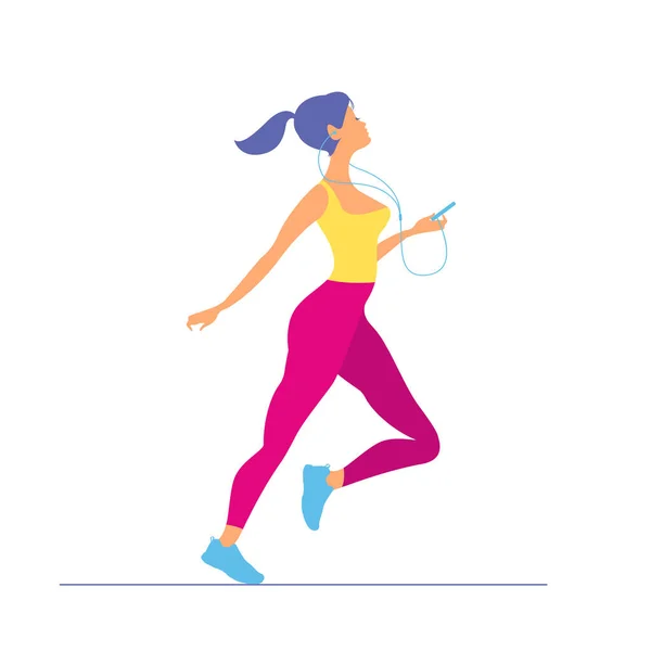 Una joven en ropa deportiva corriendo. Mañana corriendo. Chica con pl Ilustración de stock