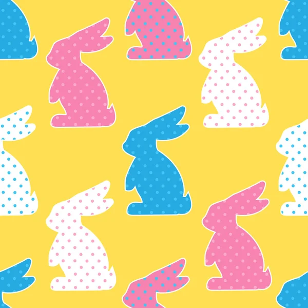 Seamless pattern with colorful rabbits on yellow background. Rab — Stock Vector