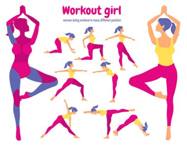 Vücut egzersiz seti. Vücut parçaları sürüsü. Kadın fitness yapıyor ve yo
