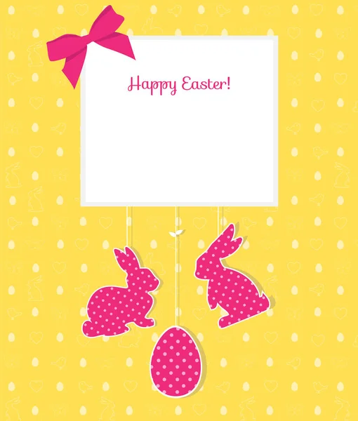 Tarjeta de Pascua con huevo, conejos y patrón sin costuras. Perfecto para — Vector de stock