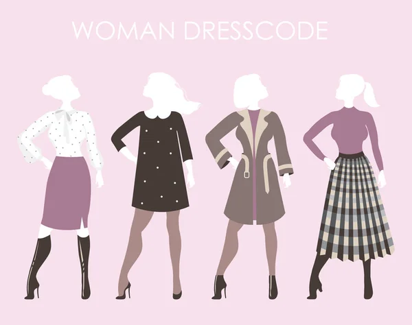 Les jeunes femmes dans les vêtements de mode.Femme vecteur de code vestimentaire illustrat — Image vectorielle