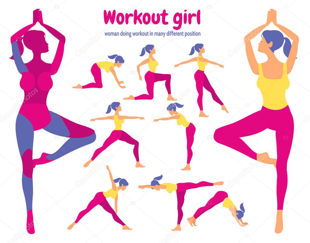 Body workout set. Pack of body parts. Woman doing fitness and yo