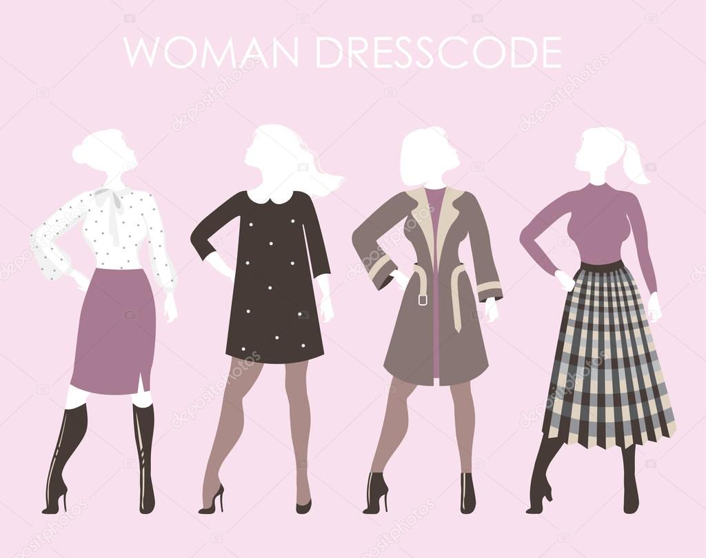 Young women in fashion clothing.Woman dresscode vector illustrat