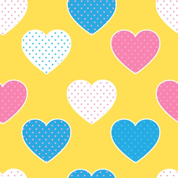 Patrón sin costuras con siluetas de corazones coloridos en la espalda amarilla — Vector de stock