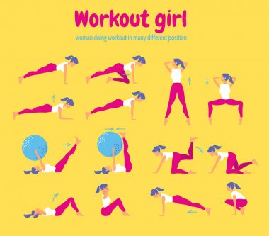 Kadın egzersiz fitness. Sarı zemin üzerine spor salonu simgeler kümesi