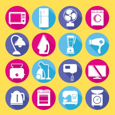 Set of household appliances flat icons on colorful round web but clipart