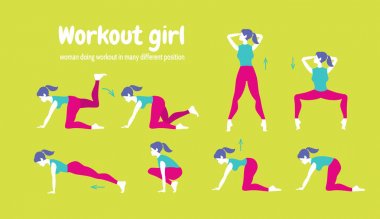 Kadınlar için egzersiz. Düz stil gr üzerinde izole jimnastik salonu simgeler kümesi