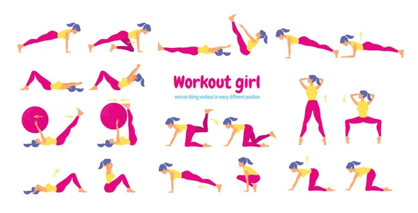 Mujer en el gimnasio. Conjunto de iconos de gimnasio en estilo plano aislado en blanco b — Vector de stock