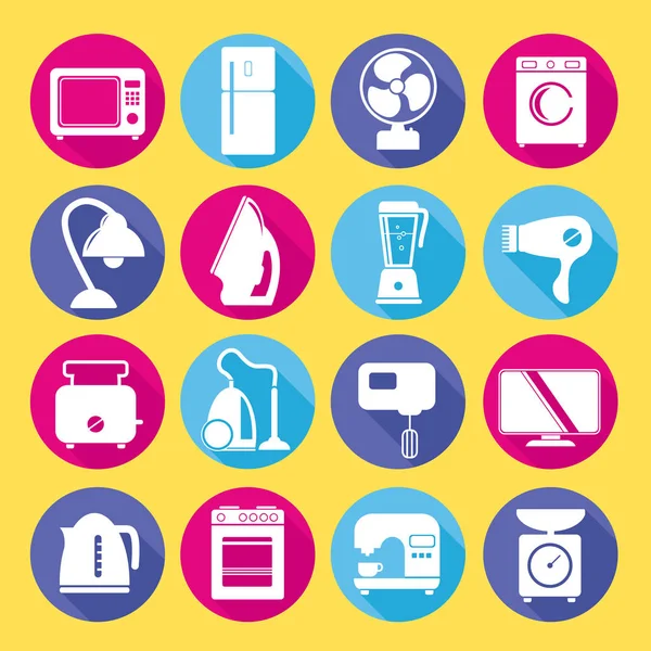 Set of household appliances flat icons on colorful round web but — Stock Vector