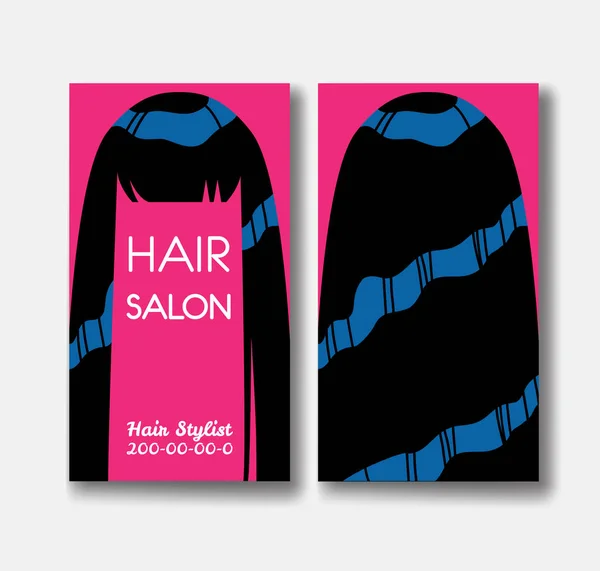 Tarjeta de diseño de plantilla con pelo largo y negro sobre fondo rosa. De — Vector de stock