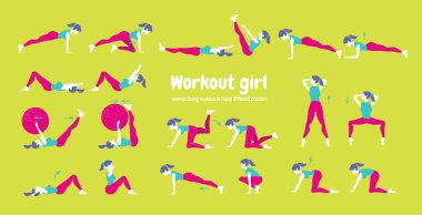 Vücut egzersiz seti. Kadın fitness ve yoga egzersizleri yapıyor