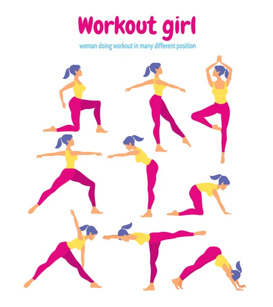 Body workout set. Woman doing fitness and yoga exercises. Pack o — Stock Vector