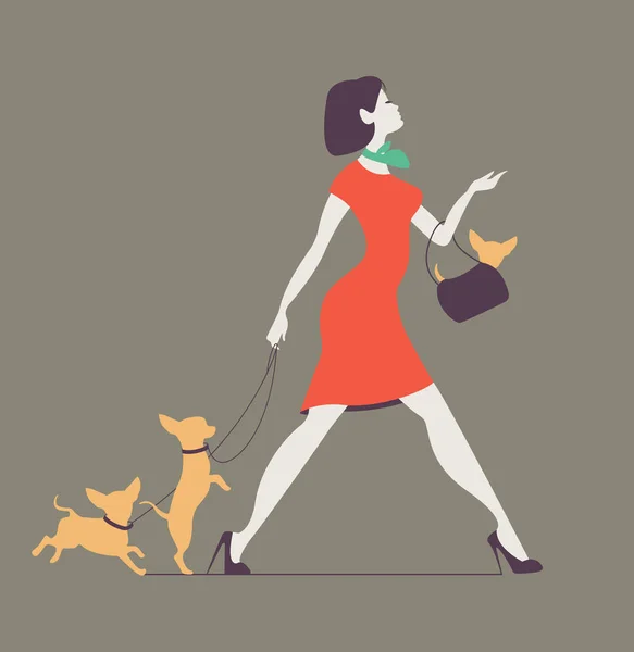 Silueta vectorial de mujer con perro. Joven mujer paseando perros. Fashionista con perros — Archivo Imágenes Vectoriales