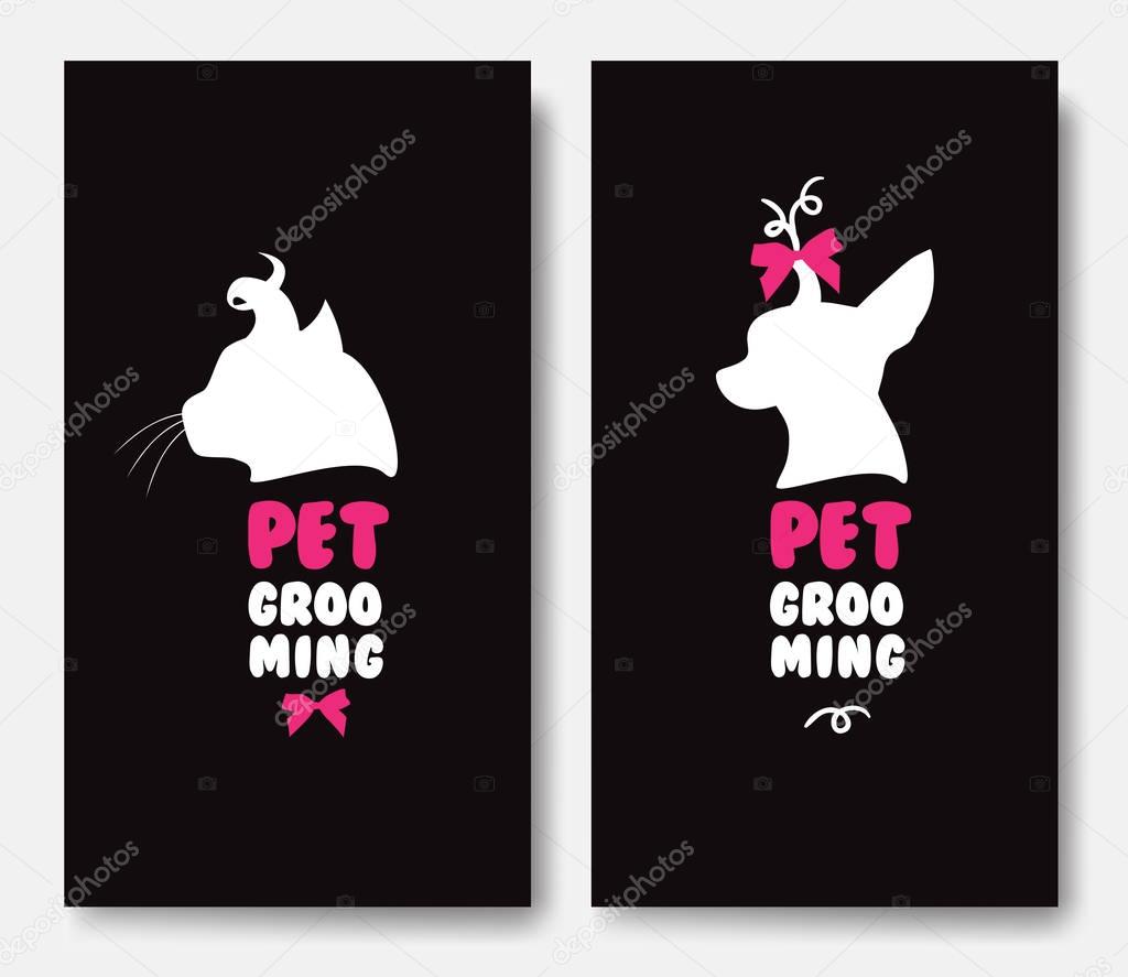 Business card template with silhouettes of cat and a dog on blac
