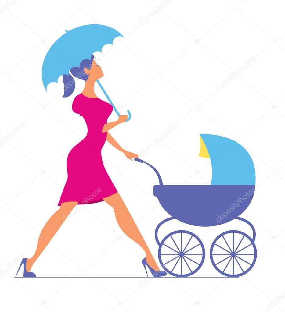 Nanny. Woman walking with a baby carriage. Vector silhouette.