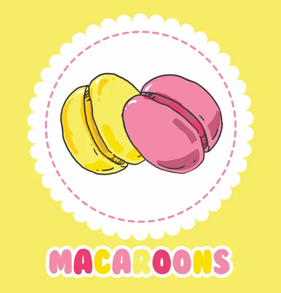 Dulce pastel de macarrones francés amarillo y rosa. Postre de galleta — Vector de stock