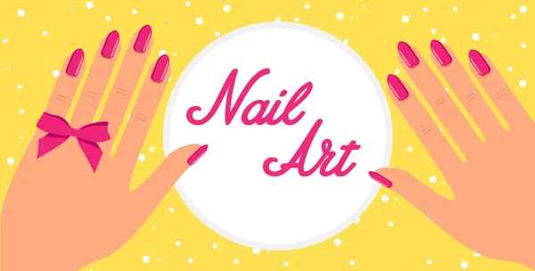 Vrouw hand met roze nagels en roze strik op gele achtergrond. Vector plat design van manicure procedure. — Stockvector