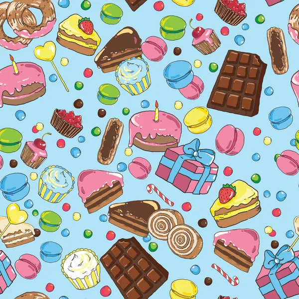 Seamless pattern from various sweets on blue background — Stock Vector