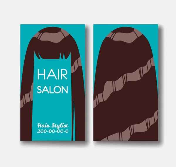 Hair salon business card templates with brown hair on green back — Stock Vector