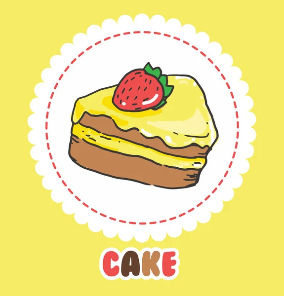 Piece of cake with strawberry and pink yellow icing. Cake Icon — Stock Vector