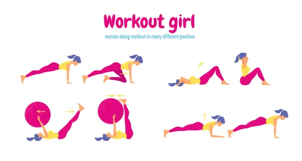 Entrenamiento para mujeres. Conjunto de iconos de gimnasio en estilo plano — Vector de stock