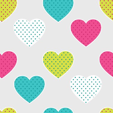 Sarı arka plan üzerinde renkli kalpler siluetleri ile Seamless modeli. Lekeli kalbimizde