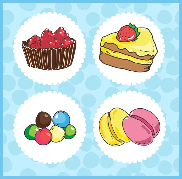 Conjunto Iconos Dulces Con Pastel Draggee Macarrones Sobre Fondo Azul — Vector de stock