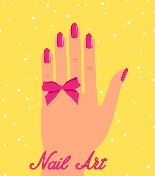 Main de femme avec ongles roses et noeud rose sur fond noir — Image vectorielle