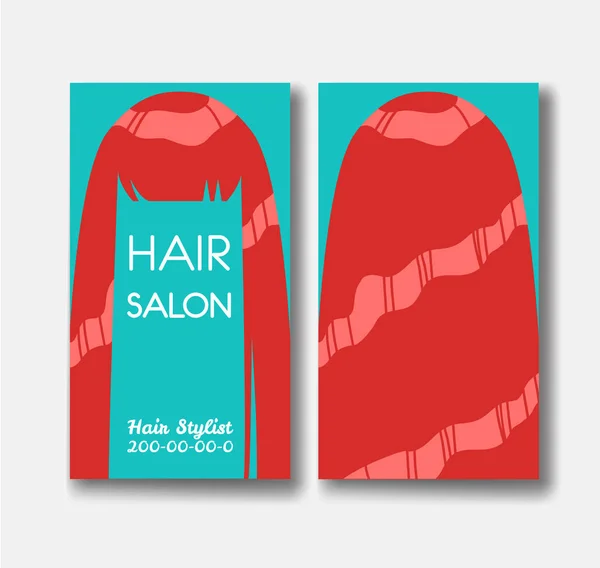 Hair salon business card templates with red hair on green backgr — Stock Vector