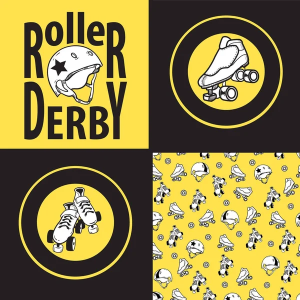 Set of drawings and seamless patterns on the theme of roller der — Stock Vector