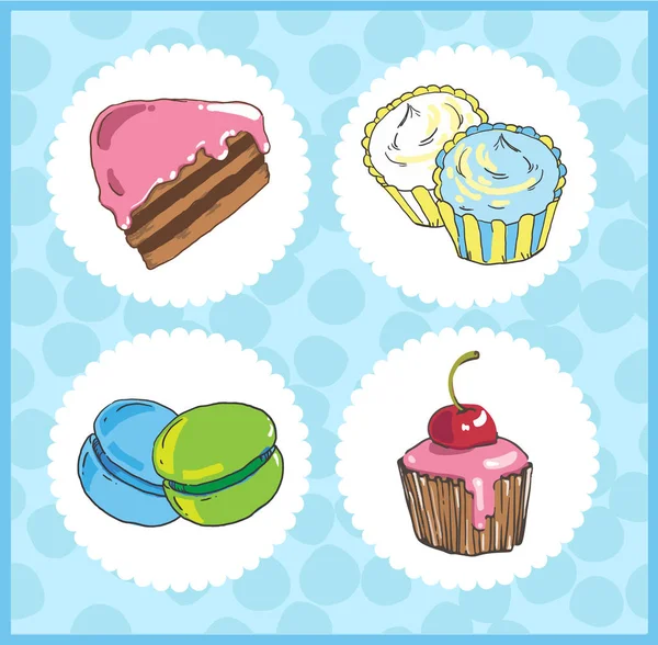 Conjunto de iconos de dulces con pastel, magdalena, macarrones en bac azul — Vector de stock