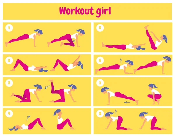 Workout for women. Set of gym icons in flat style on yellow back — Stock Vector