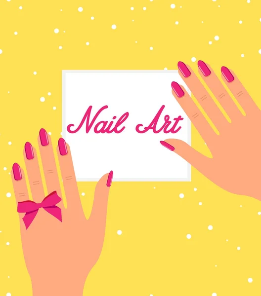 Manos de mujer con uñas rosadas sobre fondo amarillo — Archivo Imágenes Vectoriales