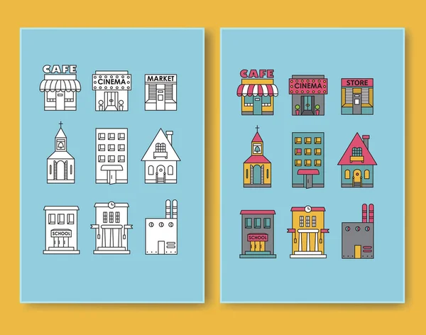 Conjunto de vectores de diseño plano edificios iconos Apartamento, Residencial — Vector de stock