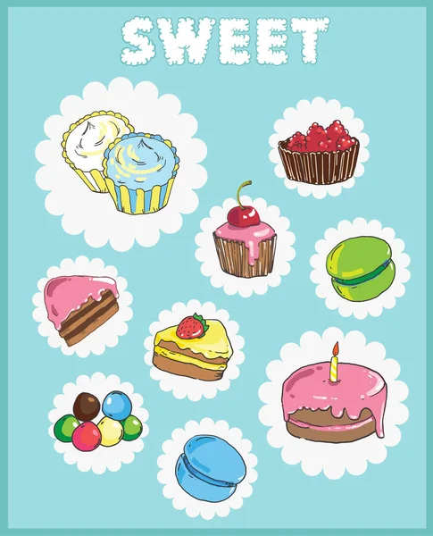 Iconos sobre el tema de los dulces. Iconos de pastel — Vector de stock