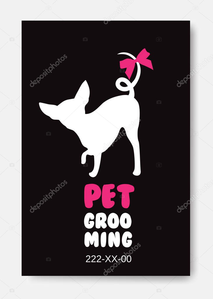 Poster template with dog silhouette on black background. Pet grooming logo. Dog hair salon logo