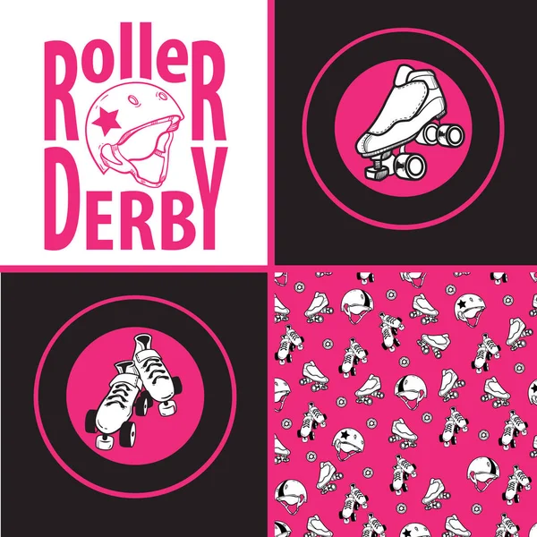 Set of drawings and seamless patterns on the theme of roller der — Stock Vector