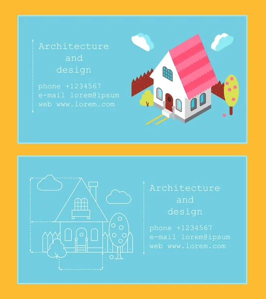Шаблон візитки для будівельної компанії або архітектора. Візитна картка з ізометричним будинком та кресленням будівлі — стоковий вектор