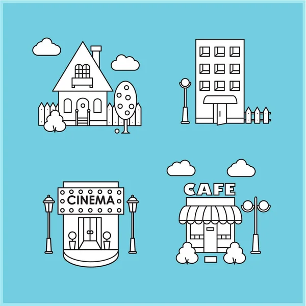 Set de clădiri ale orașului casă, cafenea, cinema Grafică vectorială