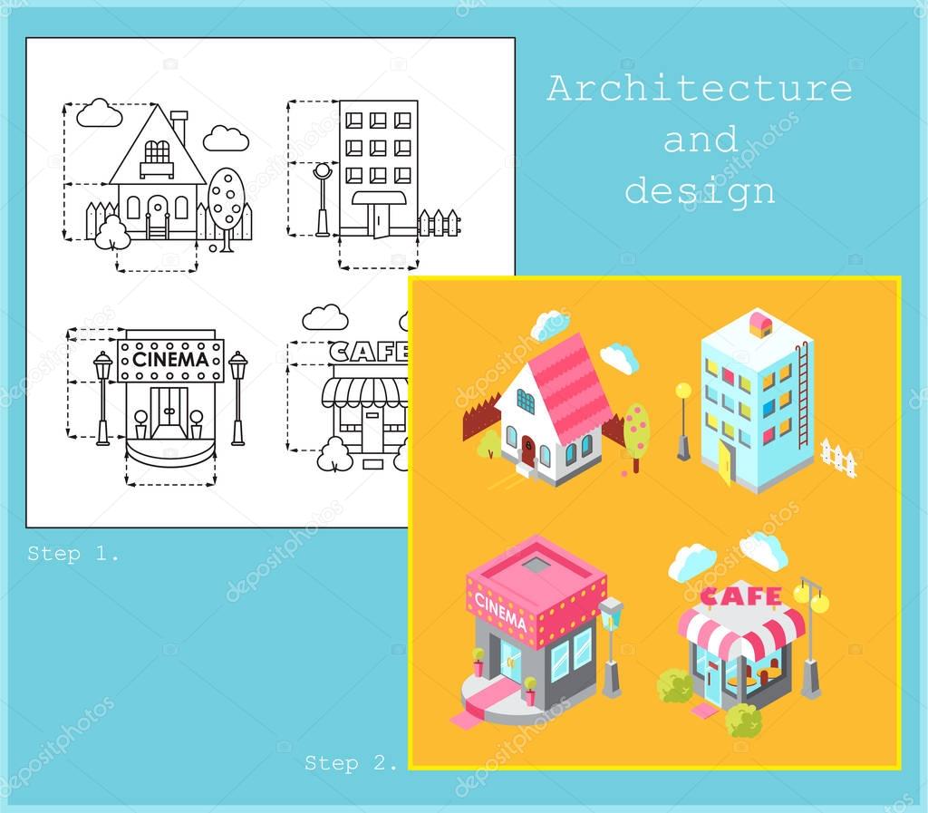 Drawing of buildings in flat style and isometric style