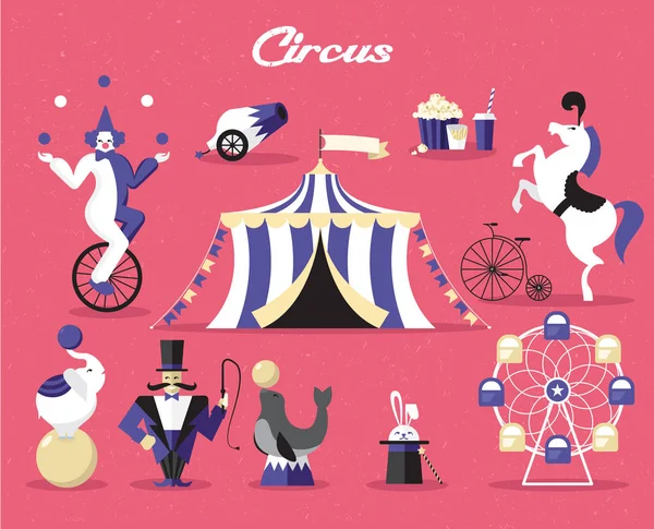 Elementos de circo definidos. Ilustração vetorial sobre um tema de circo — Vetor de Stock