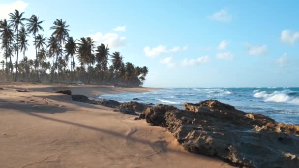 Pôr Sol Oceano Atlântico Ondas Partir Pedras Praia Selvagem Bonita — Vídeo de Stock