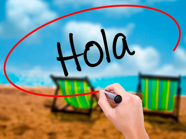 Man Hand writing Hola (Olá em espanhol) com marcador preto em v — Fotografia de Stock