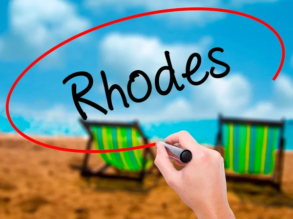 Homem Mão escrevendo Rhodes com marcador preto na tela visual — Fotografia de Stock